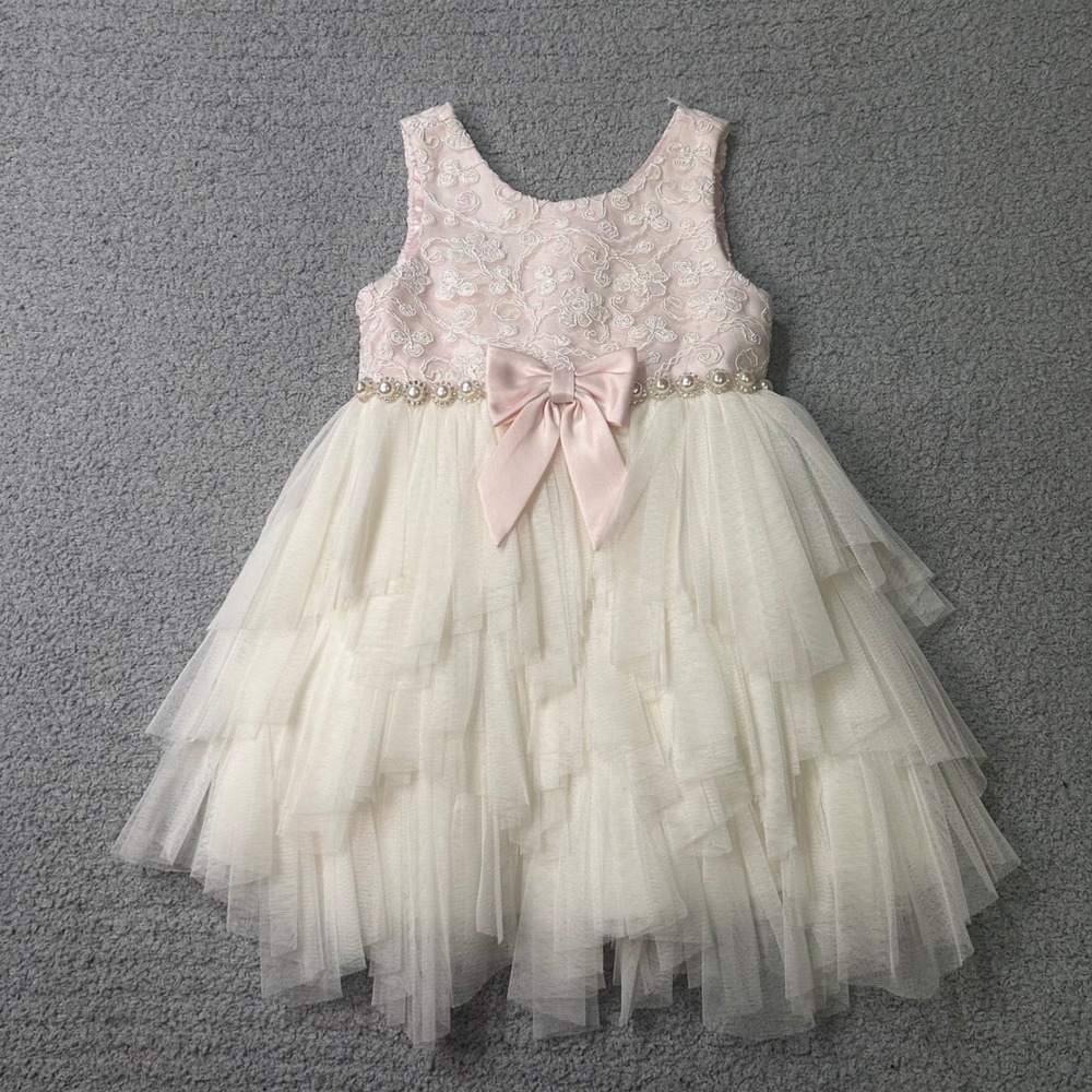 Couture Princess Tulle Dress 2T Pink Cream Flower Girl Birthday Tutu Lace Bow